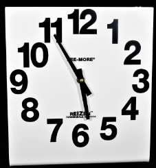 Large print square analog clock with black numbers on a white face